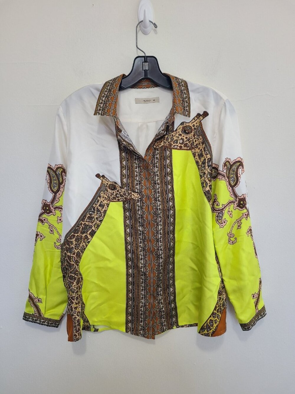 Etro Silk Blouse Button Up Girafe Print Size 44 Italy White Green